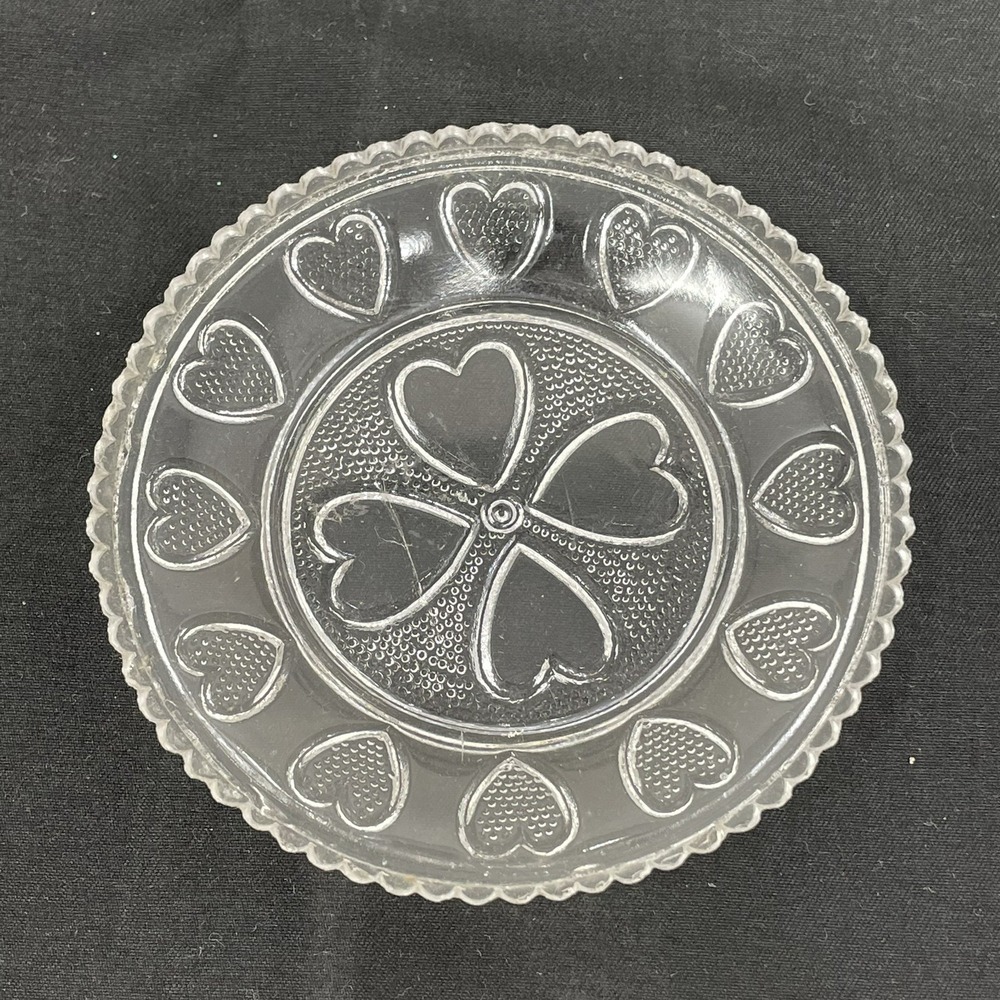 Antique Flint Glass Cup Plate Hearts Pressed Glass 19th Century Ring Trinket 3.5
